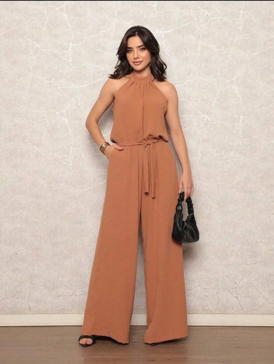 Women's Jumpsuit With Belt And Pocket - 卡其色 - 查看 1