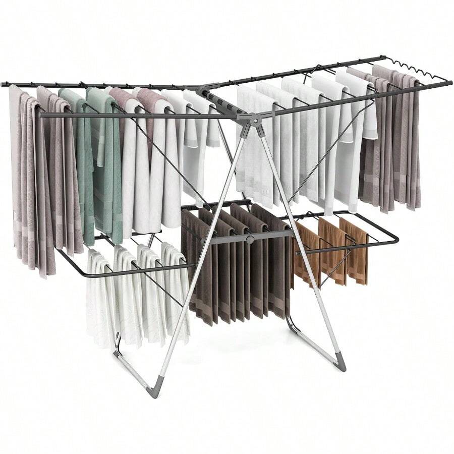 Giantex Clothes Drying Rack Foldable Laundry Drying Rack With 33 Drying Rails 3-Level Adjustable Height Versatile Clips Wave-Shaped Bars Collapsible Freestanding Airer For Indoor Outdoor