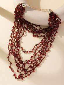 1pc Fashionable Crocheted Multi-Layer Knotted Red Statement Necklace, Suitable For Holidays And Everyday Wear - Red - View 1