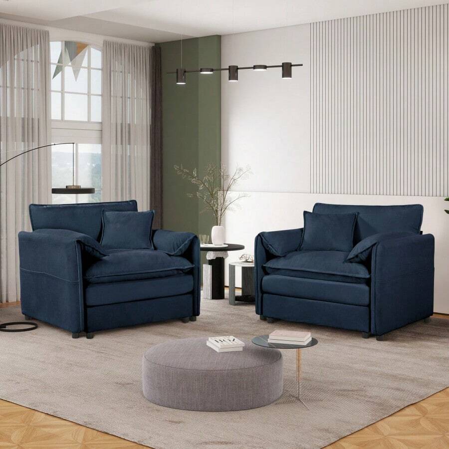 Oversized Chenille Oversized Accent Chair Set Of 2 Comfy Single Sofa Chair With Large Seat Modern Armchair Reading Chairs For Bedroom Living Room Blue