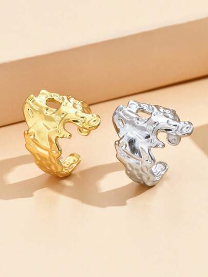 1pc Vintage Baroque Style Stainless Steel Asymmetrical Textured Liquid Adjustable Ring, 18K Gold Plated Accessories For Women, Holiday Wear