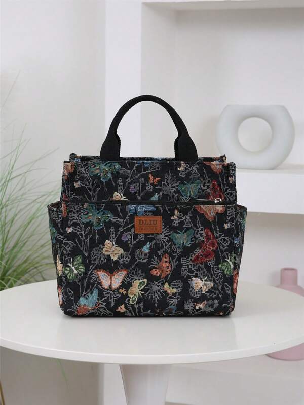 New Large Capacity Thick Knitted Jacquard Cloth Bag, Handbag, Aluminum Foil Insulation Layer Lunch Box Bag, Bento Bag, Zipper Semi Closed, Multi Pocket Outdoor Mommy Storage Bag