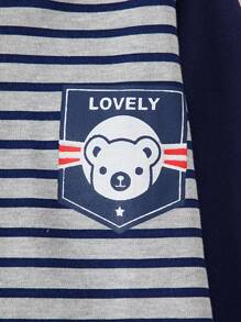 Boys Striped Print Home Outfit Set, Cotton Warm Sleepwear For Older Kids, Spring & Autumn - Navy Blue - View 5