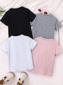 4 Teile für Mädchen, Katzen, Slogan Muster Lässig Rundhals Kurzarm T-Shirt, geeignet für Frühlings-, Sommer- und Herbstmode