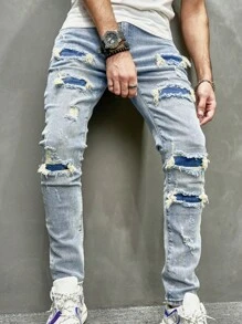 Men's Skinny Distressed Denim Jeans, Washed Blue Slim Fit Long Pants - Medium Wash - View 2