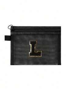Black Mesh Bag, Large Capacity With Name Initials, Towel Embroidered Letters A-Z, Transparent Mesh Cosmetic Storage Bag, Multi-Functional Travel Portable Bag, Lipstick Skincare Product Storage Washing And Makeup Bag, Student Stationery Bag, Mesh Zipper Bag, Travel Cosmetic Packaging Storage Bag, Simple And High-End, Accessory Storage, Suitable For Dormitory Storage, Travel, Business Trip, Swimming, Home Storage Make Up Bag - Black - View 22