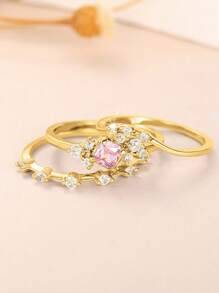 3pcs/Set Exquisite Y2K Pink Zirconia Rings Female Elegant Accessories For Engagement Gold Color/Silver Color Party Wedding Jewelry - Ring Set - View 4