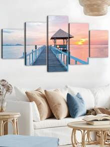 5pcs/Set Travel Posters,Wall Art With Frame,Ready To Hang,Colorful Coastal Pier Sunset Canvas Wall Art,The Bridge Into The Sea,Sailboat Sunset Reflection Boat Multipanel Travel Wall Decoration,For Bedroom Living Room Corridor, Home Decoration Gift For Him For Her,Coastal Summer Decor