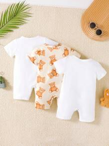 Conjunto de 3 piezas de pelele para bebé niño de manga corta con estampado de oso gráfico, estampado de oso total y blanco sólido, para verano - Multicolor - Ver 2
