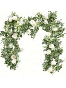 3pcs Artificial Eucalyptus Wreath With Roses And Peonies, 70-Inch Plastic Floral Decor For Wedding, Party, Indoor And Outdoor Wall Decoration, No Power Needed, Featherless, Multipurpose, Suitable For Christmas, Halloween, Thanksgiving, Valentine's Day, Outdoor Decor Gifts Birthday Graduation