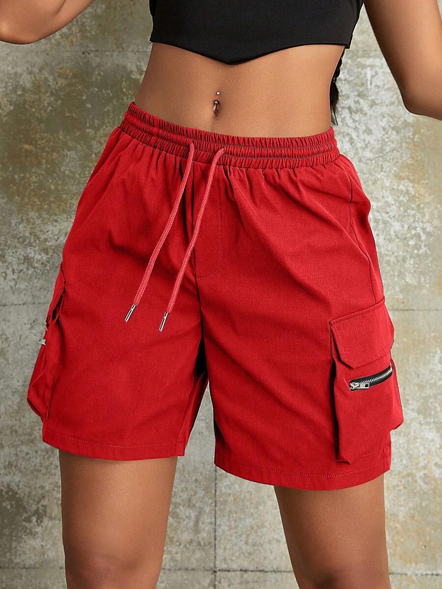 Y2K Streetwear Style Drawstring Elastic Waist Flap Pocket Zipper Detail Loose Casual Outdoor Cargo Shorts Summer Red - Red - View 1