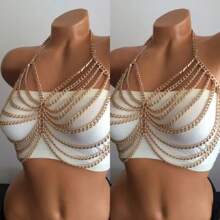 1pc Fashionable Metallic Hollow Multi-Layer Punk Unique Body Chain Necklace, Sexy Accessory For Ladies Party Outfit - Gold - View 6