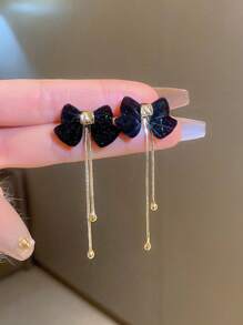 1 对简约优雅可爱柔软天鹅绒蝴蝶结流苏可拆卸佩戴双向耳环，适合女性日常和节日佩戴 - 黑色 - 查看 2