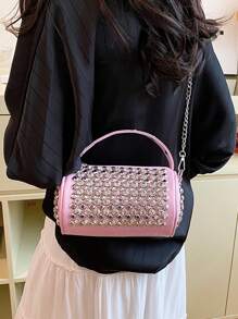 Túi hình trụ cổ điển được thiết kế riêng, tinh tế và thời trang, túi xách đính đá lấp lánh phù hợp mọi dịp, dây đeo thời trang, túi đeo chéo màu trơn có đinh tán, thích hợp cho các bữa tiệc, dạ hội, chụp ảnh đường phố và lễ hội âm nhạc. - Hồng - Xem 6