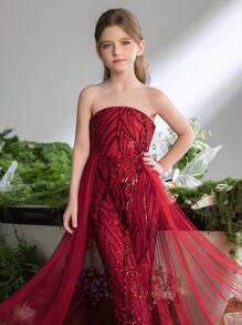 Tween Girls' Sparkly Strapless Jumpsuit With Mesh Overlay At Waist - Red - View 8