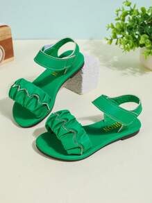 1 Pair Plus Size Green Baby/Toddler Girls Flat Sandals With PU Pleated Straps, Rhinestone Decor, Adjustable Strap Design, Round Toe For 3-16 Years Old Girls, Casual, Vacation, Daily Wear, Spring/Summer 2025