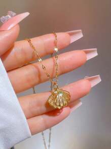 1 件奢华法式微镶锆石空心贝壳和人造珍珠项链 - 金黃色 - 查看 4