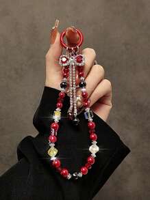 1pc Rhinestone Rhinestone Butterfly Decor Mobile Phone Chain, High Quality Crystal Bead Mix Style Car Key Chain With Transparent Pad Gifts For Mother, Family, Friends, Birthday, Holiday Phone Charm