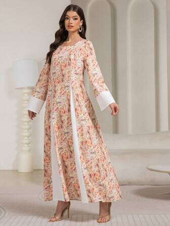Women Simple Elegant Floral Print Patchwork Long Sleeve Dress For Everyday Wear