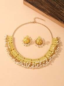 3pcs/Set Elegant Palace Style Faux Pearl Pendant Necklace Jewelry Set, Suitable For Women's Wedding, Party, Daily Wear Or As A Gift - Jhumka Set - View 4