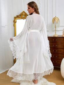 Sexy Mesh Lace Patchwork Sheer Long Robe, Luxurious Chiffon Lightweight Kimono Bathrobe, Fall, Winter - White - View 5