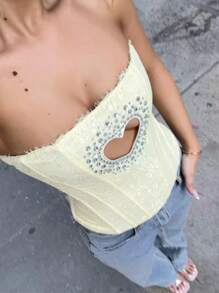 Summer Corset Bandeau Tube Top For Women  Tummy  Strapless Body Shaper, Sparkling Push Up Party  For  Graduation For Birthday Going Out Outfits - Màu vàng - Xem 2