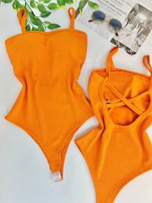 Women's Bodysuit With Braided Straps, Seersucker, Fashion Blogger - 橘色 - 查看 2