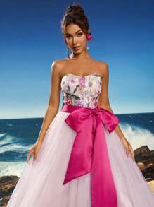 Anymoon Bustier Lace Embroidery Bow Decor Long Evening Dress, Formal, Party Dress, Gown, For Wedding Guest - Pink - View 9