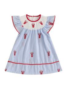 Baby Girls Striped Embroidery A-Line Dress - Sleeveless Crew Neck Party Dress For Summer - Blue - View 2