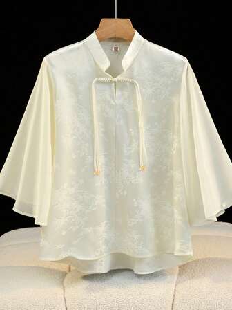 Camisa/túnica de manga corta de gasa con volantes, estilo elegante chino, con botones de rana, hoja de bambú y estampado de panda jacquard, para primavera y verano