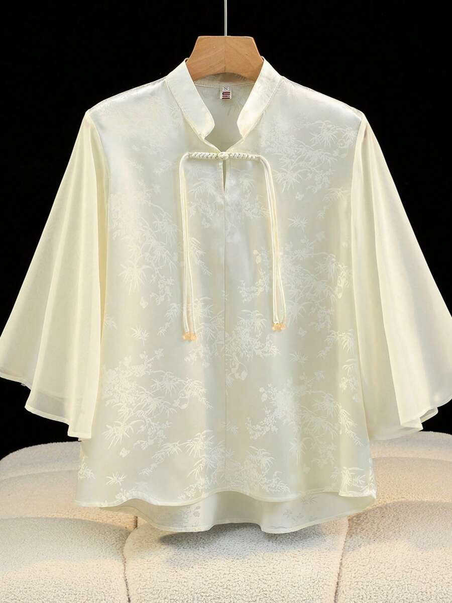 优雅中国风手工青蛙纽扣竹叶熊猫提花荷叶边袖雪纺短袖衬衫束腰外衣，春夏