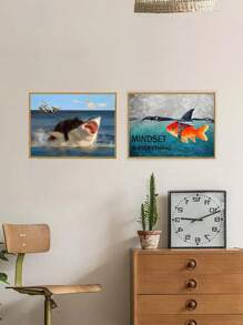 1/2 件现代复古动物主题装饰海报，猫鲨大战墙壁艺术印刷品，抽象蓝色金鱼和鲨鱼鳍以及励志名言，室内艺术，墙壁艺术，无框，适用于家庭办公室、浴室、客厅、厨房、卧室