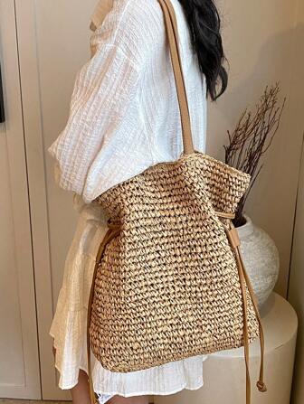 Fashionable Casual Versatile Solid Color Beach Vacation Travel Shopping Straw Large Capacity Shoulder Tote Bag, Fashion Summer Vacation Bag, Beach Essentials Women Bags For Vacation & Holiday, Vacation Essentials, Perfect For Summer, Vacation & Beach, Hottest Beach Bags