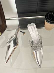 Plus Size Rhinestone Puntige Teen Hoge Hakken, Zwart/Zilver, Nieuw Binnen 2025, Bandjes Muiltjes Sandalen, Feeën Stijl Slip-On Schoenen Voor Vrouwen