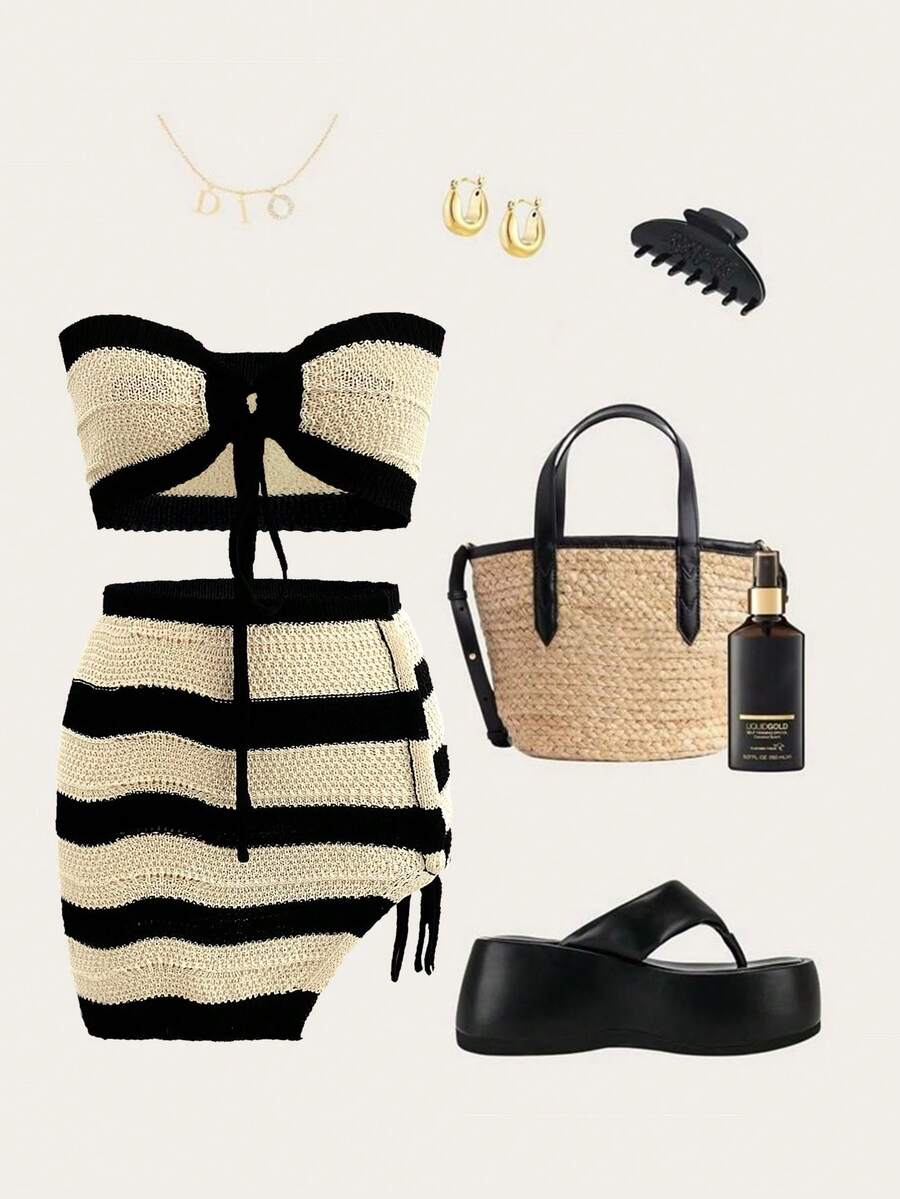 条纹撞色系带抹胸+条纹领带性感沙滩迷你裙针织套装 - 彩色 - 查看 1