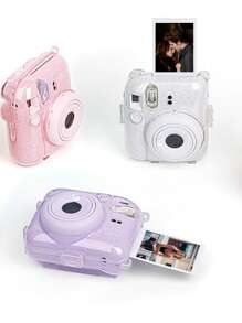 Mini 12 Instant Photo Bag With Glitter Crystal Shell Kit - Protective Case, Creative Stickers, Neck Strap 3 In 1 Set, Anti-Fall Anti-Scratch