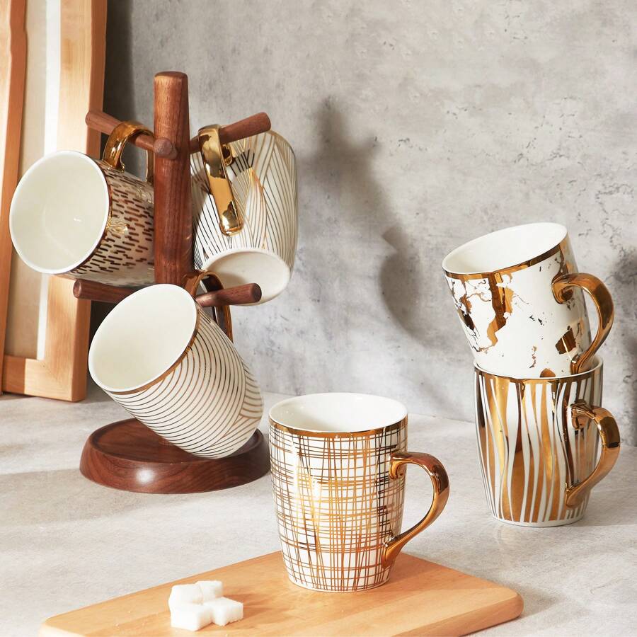18oz Gold-Plated Ceramic Mugs Set - Ideal For Latte, Tea, Cappuccino, & Mocha - Elegant White & Gold, Multicolored, Set Of 6 - Vàng - Xem 1