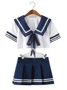 Cosplay Sailor Suit Set, Tempting Innocent Style Separate Student Uniform Role-Play Outfit, Striped Pleated Skirt Kawaii Sexy Lingerie - A - View 5