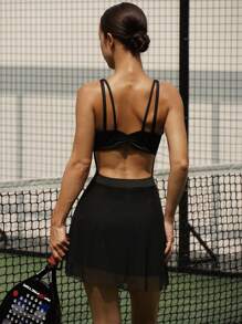 Solid Color Backless Pleated Hollow Out Mesh Contrast Women Sports Dress - Black - View 2