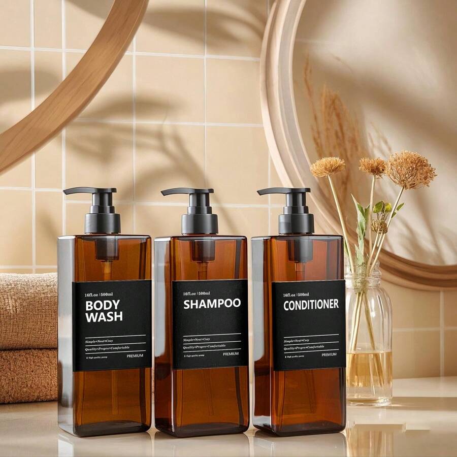 LEAPAIR 1/2/3pcs 500ml/16.9oz Refillable Plastic Pump Bottles, Reusable Soap Dispenser, Shower Container For Shampoo, Body Wash, Conditioner, Lotion, Etc. - Brown - View 1