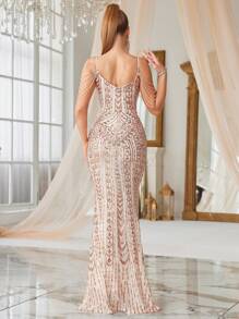 女士派对礼服（重磅款式）亮片装饰细肩带鱼尾晚礼服，正式，适合婚礼宾客 - 金色 - 查看 3