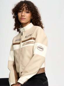 OUTTA BOX Women's Long Sleeve Zip Up Collared Patchwork Letter Embroidery PU Motorcycle Jacket