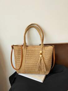 1pc Solid Color Fringed Woven Shoulder Bag, Versatile Casual Beach Bucket Tote Bag For Women, Suitable For Beach Vacation, Comes With Tassel Pendant