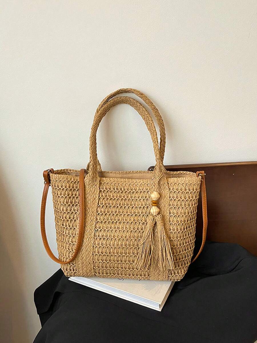 1pc Solid Color Fringed Woven Shoulder Bag, Versatile Casual Beach Bucket Tote Bag For Women, Suitable For Beach Vacation, Comes With Tassel Pendant