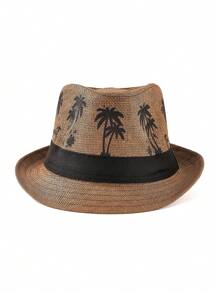 1 pieza Sombrero de paja con estampado de árbol de palma estilo bohemio acolchado, sombrero de sol decorativo con protección UV, versátil para hombres y mujeres, para todas las estaciones