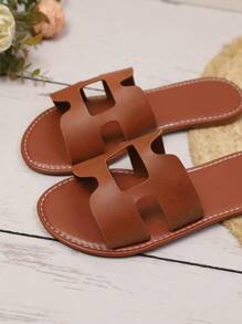 1 Pair Plus Size Brown Flat Slide Sandals For Teenage Girls, Solid Color PU Strap, Round Toe, Open Toe, Cute Roman Style, Suitable For Casual, Gatherings, Travel & Vacation, Spring/Summer New 2025 - Brown - View 5