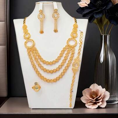 1套5件精美花卉镂空圆圈设计18K镀金铜香槟色首饰套装，时尚欧美风格，奢华典雅的迪拜风格，适合新娘、婚礼、派对、送给母亲、姐妹的礼物、节日祝福、女士多层围兜项链、黄金配饰礼品套装