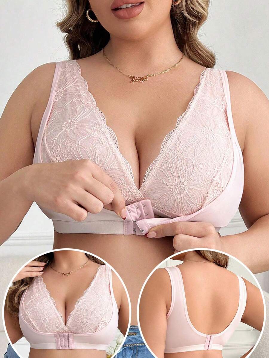 Plus Size Women Front Closure Soft Supportive Wireless Bra - Pink - View 1