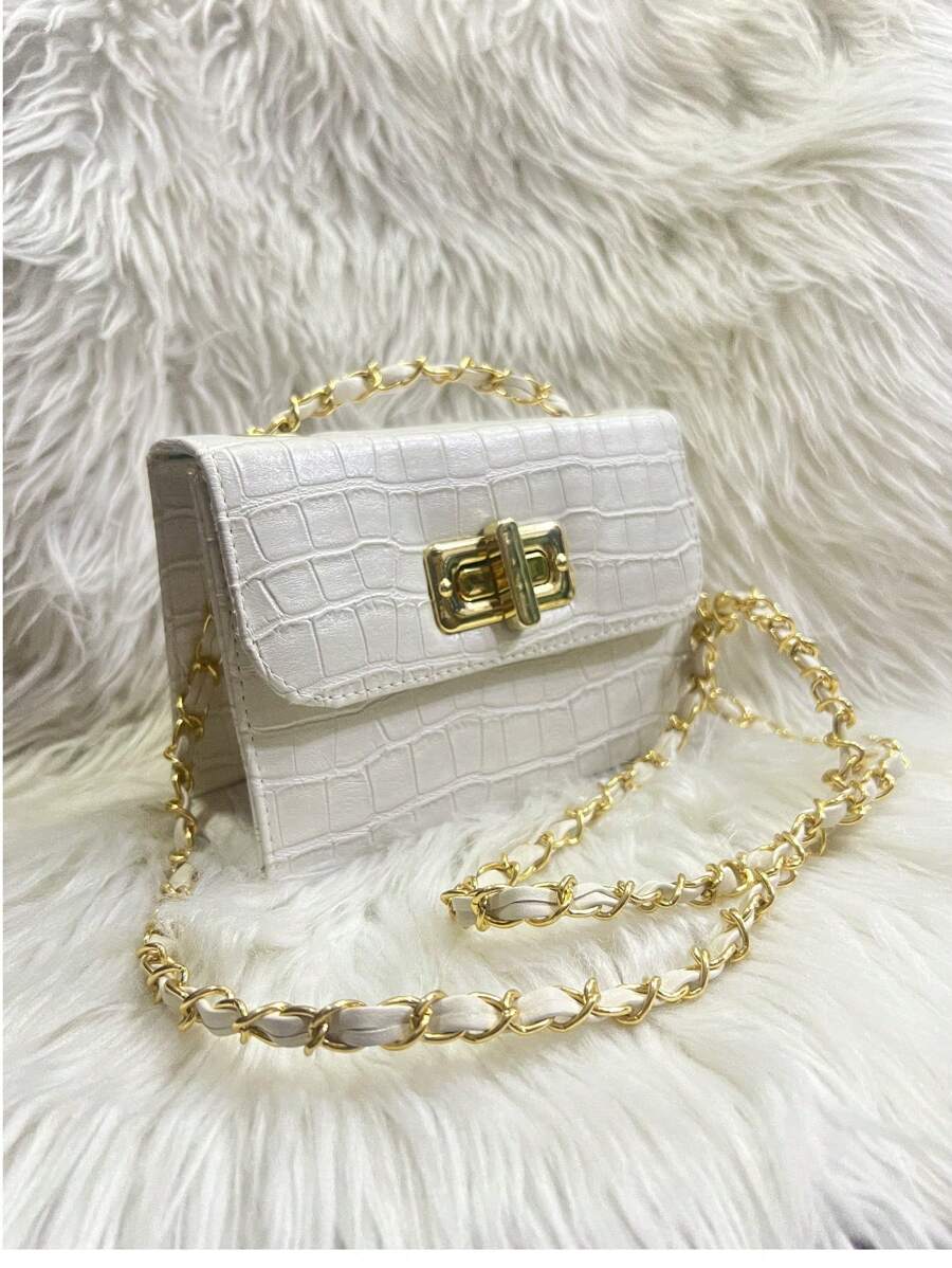 Women's Crocodile Shoulder Bag With Crossbody Strap And Swivel Closure - Beige - View 1