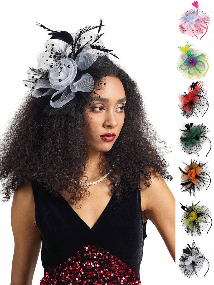 1pc Fascinators Headband Tea Party Hats For Women Feather Mesh Polka Dots Headwear Women's Fascinators Feathers Tea Party Hat - A - View 1